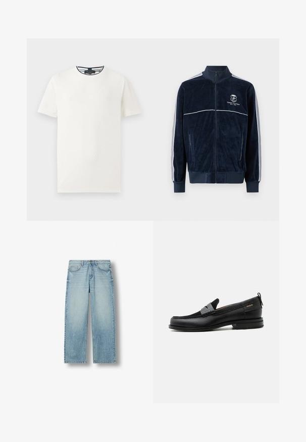 Námornícka modrá velúrová bunda na zips s bielymi pruhmi na rukávoch a logom Tommy Hilfiger na ľavej strane hrude, s elastickými manžetami a lemom.; Biela tričko s krátkym rukávom s textúrovaným vzorom, s klasickým výstrihom a námorníckym pruhovaným lemovaním okolo krku. Ľahký materiál. Voľný strih.; Svetlomodré rovné rifle s piatimi vreckami a zapínaním na gombíky, zobrazené na bielom pozadí.; Čierny kožený mokasín so sivým remienkom, nízkym podpätkom a textúrovanou podrážkou, so značkou "HUGO" v zlatej farbe na boku.