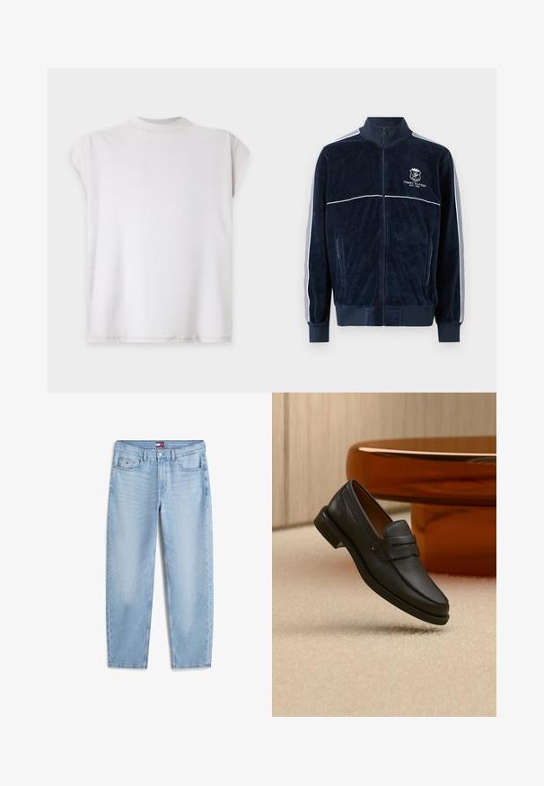 Veste zippée en velours bleu marine avec des rayures blanches sur les manches et le logo Tommy Hilfiger sur le côté gauche de la poitrine, avec des poignets et un ourlet élastiques.; T-shirt blanc uni à manches courtes avec un col rond, présenté à plat sur un fond clair.; Jean bleu clair évasé avec poches avant, passants de ceinture, fermeture par bouton et petit logo sur la poche avant droite.; Mocassin homme en cuir noir avec une bande sur le dessus, présenté sur un tapis beige près d'une table ronde moderne marron.