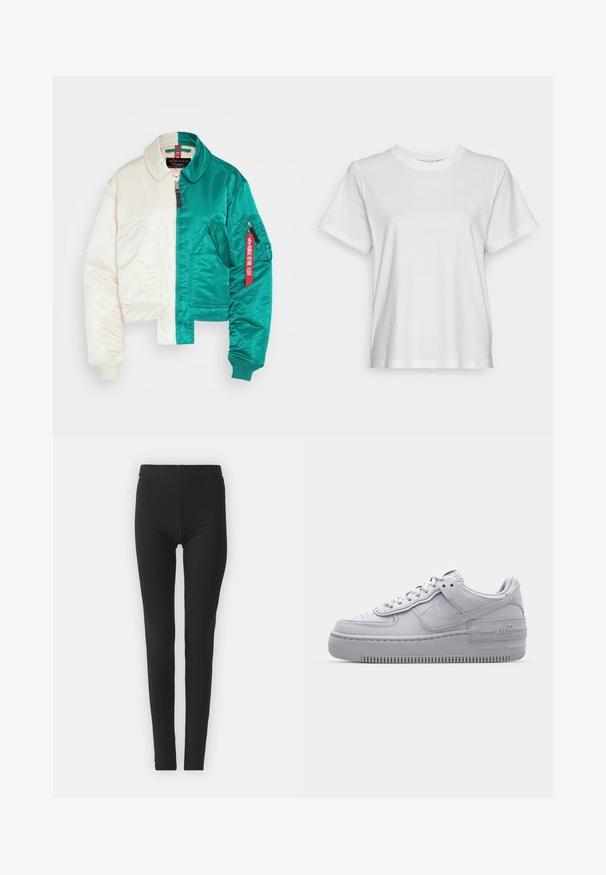 Alpha Industries Chaquetas bomber - jet stream white; Camiseta de algodón blanca con mangas cortas, cuello redondo y un ajuste relajado. Textura suave, sin estampados ni gráficos, diseño básico.; Leggings negros y elásticos con un ajuste ceñido, que cuentan con una cintura alta y una textura suave. Sin patrones visibles ni detalles de hardware.; Zapatilla Nike Air Force 1 gris con puntera perforada, parte superior de cuero suave, suela gruesa y detalle en relieve 'AIR' en el talón.