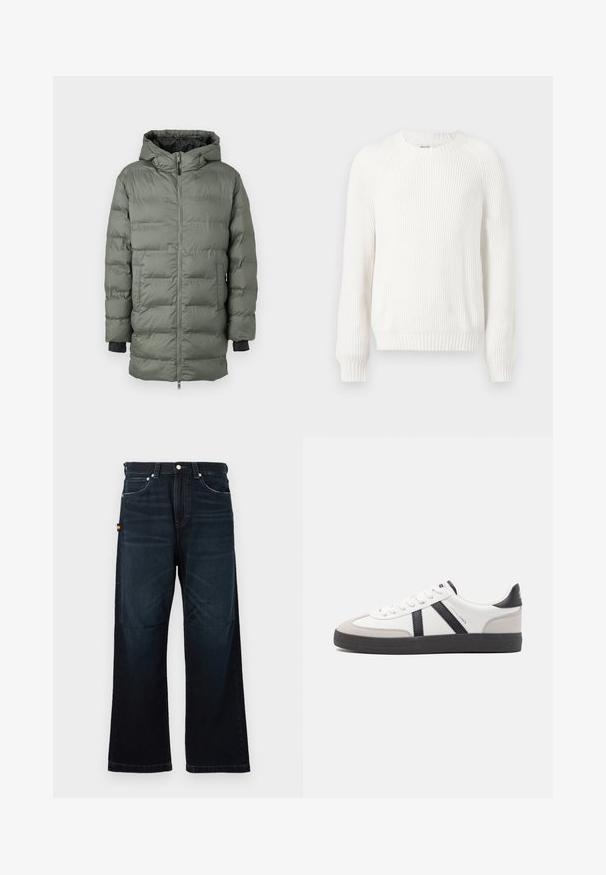 Puffjakke i olivengrøn, med lynlås, hætte og elastiske manchetter. Fremstillet af quiltet, vandafvisende stof med sidelommer.; Hvid ribbet sweater med rund halsudskæring, sænkede skuldre og lange ærmer. Har struktureret stof og en lige kant.; Mørkeblå lige ben jeans med klassisk fem-lomme design, bæltestropper og subtile falmede detaljer foran og på knæene.; Hvide sneakers med sorte og grå detaljer, med en tekstureret grå tåhætte, sort gummisål og flade hvide snørebånd. Rent design, minimalistisk stil.