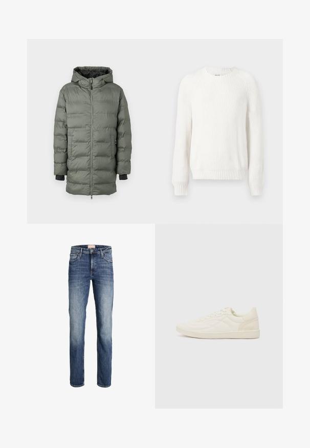Puffjakke i olivengrøn, med lynlås, hætte og elastiske manchetter. Fremstillet af quiltet, vandafvisende stof med sidelommer.; Hvid ribbet sweater med rund halsudskæring, sænkede skuldre og lange ærmer. Har struktureret stof og en lige kant.; Straight-leg blå jeans med let falmning på lår og knæ, frontlukning med knap og lynlås samt femlommesdesign.; ALDO THEPITCH - Sneakers - white