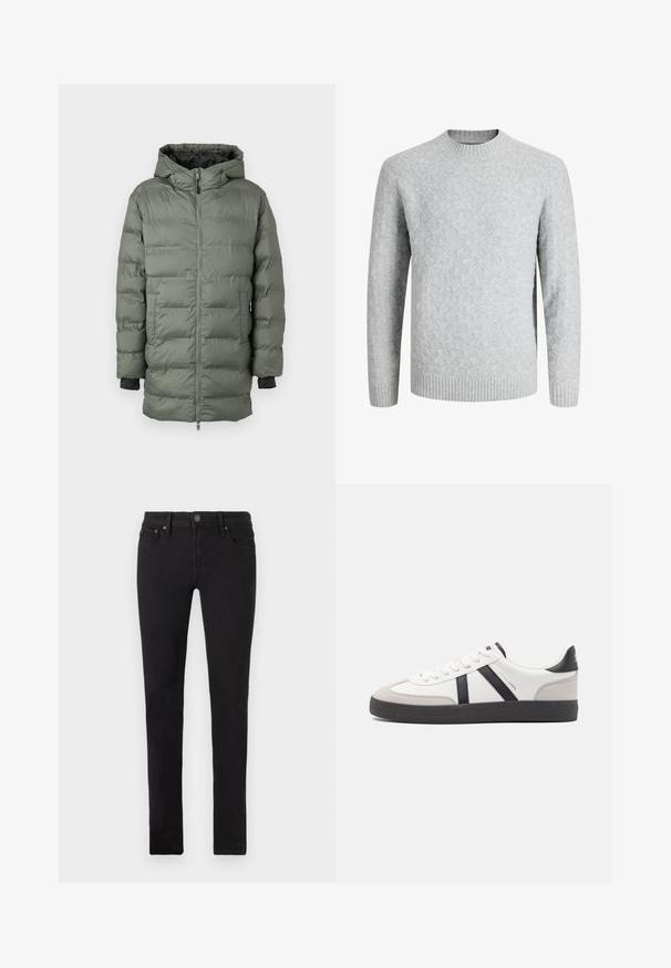 Puffjakke i olivengrøn, med lynlås, hætte og elastiske manchetter. Fremstillet af quiltet, vandafvisende stof med sidelommer.; Lysegrå hjemmestrikket sweater med diamantmønster, ribstrikket rund halsudskæring, manchetter og kant, lange ærmer, velegnet til koldt vejr.; Sorte slim-fit jeans med fem lommer, knaplukning og bælteklips, vist fladt på en hvid baggrund.; Hvide sneakers med sorte og grå detaljer, med en tekstureret grå tåhætte, sort gummisål og flade hvide snørebånd. Rent design, minimalistisk stil.