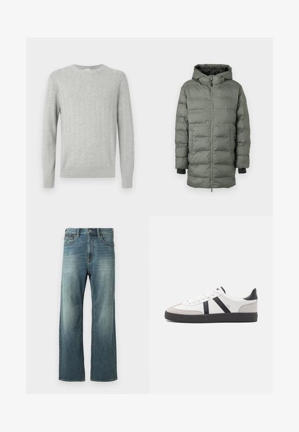 Puffjakke i olivengrøn, med lynlås, hætte og elastiske manchetter. Fremstillet af quiltet, vandafvisende stof med sidelommer.; Lys grå strikket sweater med ribbet tekstur, rund halsudskæring og lange ærmer. Enkel design med lige kant og holdbart materiale.; Lysblå denim jeans med lige ben, let falmet, fem lommer og bæltestropper. Har stikninger som accent og knaplukning.; Hvide sneakers med sorte og grå detaljer, med en tekstureret grå tåhætte, sort gummisål og flade hvide snørebånd. Rent design, minimalistisk stil.