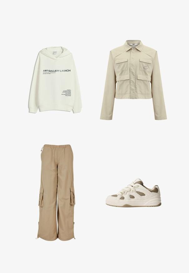 Beige cropped jakke lavet af bomuld med lange ærmer, to forlommer og et diskret logo trykt på venstre bryst. Glat tekstur.; Hvid hættejakke med sort tekst "KUNSTGALLERI LANSERING, 147 Johnson Ave, Warehouse 5, Brooklyn, NY 11206" og en poetisk sætning på forsiden.; Beige cargo bukser med elastisk talje, to sidelommer og mesh-detaljer; fremstillet af letvægts, tekstureret stof.; Hvide og beige sneakers med mesh-paneler, rund tå, tyk sål og snørebåndsdesign. Har teksturerede detaljer og mønstret sål.