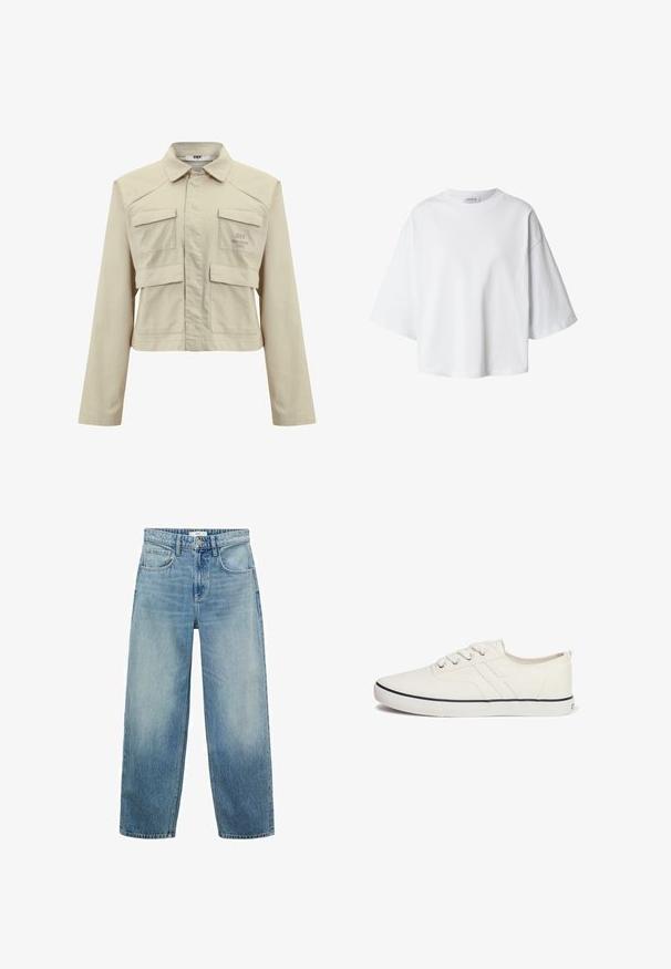 Veste cropped beige en coton avec des manches longues, deux poches avant et un logo subtil imprimé sur la poitrine gauche. Texture lisse.; T-shirt blanc oversize à manches courtes, col rond et coupe décontractée, présenté sur un fond uni.; Jeans en denim bleu clair à jambe large avec une taille haute, cinq poches et une fermeture à bouton. Motif délavé vers le bas.; Baskets en toile blanches au design bas, à bout rond, avec six œillets, une bande de couleur marine et une semelle en caoutchouc texturée.