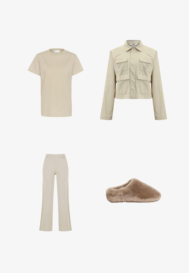 Chaqueta beige corta de algodón con mangas largas, dos bolsillos delanteros y un sutil logo impreso en el lado izquierdo del pecho. Textura suave.; Camiseta de manga corta en color beige claro, confeccionada en una tela suave, con cuello redondo y un sutil logo en relieve en el pecho.; Pantalones de pierna ancha beige con una suave textura acanalada, cinturilla elástica y sin adornos visibles, que ofrecen una silueta relajada.; Zapatilla marrón de felpa con punta redondeada, textura suave y sin talón. Cuenta con una suela duradera con un agarre texturizado para mayor tracción.
