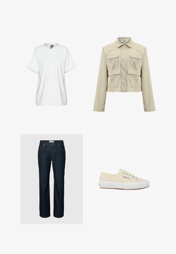 Beige cropped jakke lavet af bomuld med lange ærmer, to forlommer og et diskret logo trykt på venstre bryst. Glat tekstur.; Hvid bomulds-T-shirt med rund halsudskæring, korte ærmer og løs pasform. Har diskrete syningsdetaljer og en mærkat ved kraven.; Mørkeblå straight-leg jeans med fem lommer, knaplukning og kontrastsyning, vist på en ensfarvet baggrund.; Canvas sneakers i beige med en hvid gummisål, fem sølvøjer og et lille rødt og blåt logo på siden. Teksturér overflade.