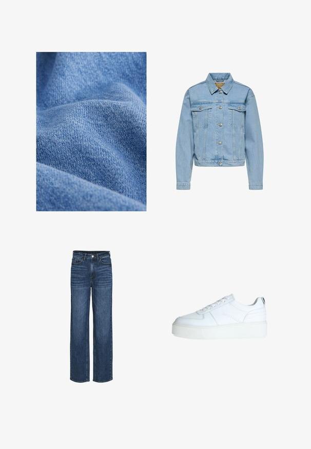 Veste en jean bleu clair avec boutons argentés, deux poches à rabat sur la poitrine, manches longues et col classique.; Tissu en denim bleu avec une texture douce, présentant un motif de tissage serré et des variations subtiles de teinte. Aspect froissé avec des plis.; VILA JAF HW- NOOS - Jean droit - m blue denim; Baskets en cuir blanc avec un bout arrondi, un design à lacets, une semelle blanche épaisse et des accents de couture subtils sur le côté.