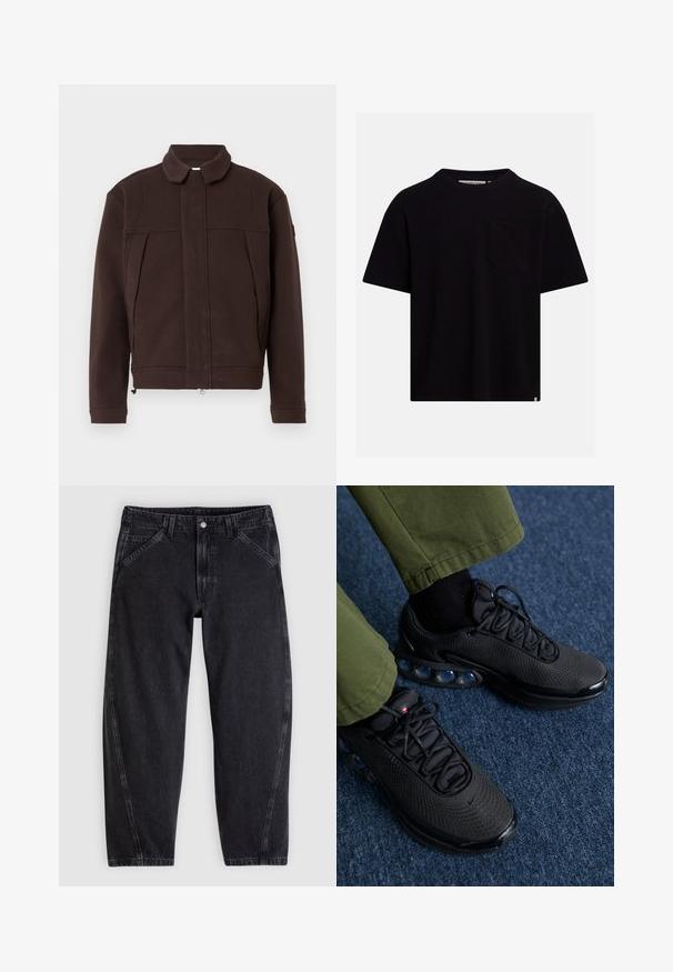 Brun jakke lavet af blødt materiale, med krave, lynlås foran og to sidelommer med minimalistiske sømme og design.; Sort T-shirt med korte ærmer og rund hals, med en brystlomme på venstre side og en lille hvid label nederst ved kanten.; Sorte denimjeans med løs pasform, der har en standard-taljebånd, femlomme-design og kontrastsyning langs sømmene.; Sorte sportssko med mesh-overdel, tekstureret overflade og synlige luftpolstringselementer. Kombineret med olivengrønne bukser og sorte sokker.