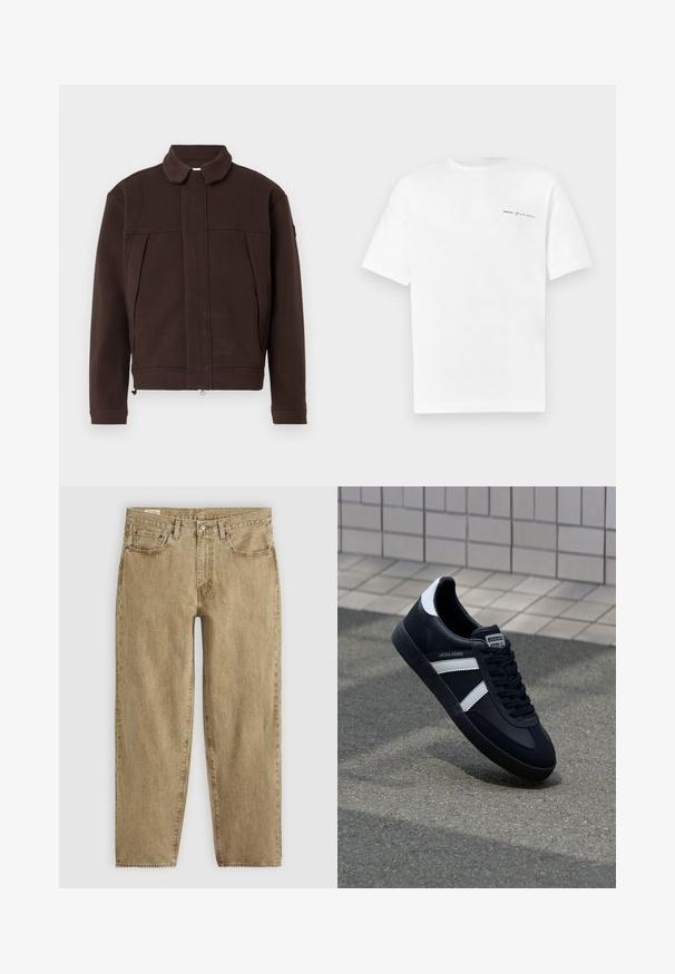 Brun jakke lavet af blødt materiale, med krave, lynlås foran og to sidelommer med minimalistiske sømme og design.; Hvid kortærmet t-shirt af bomuld med en lille sort tekstdetalje på venstre brystområde. Rund halsudskæring og almindelig pasform.; Beige denimjeans med en afslappet pasform, fem-lomme design, synlige sømme og en let falmet tekstur; knap- og lynlås lukning.; Sort lædersneaker med hvide striber, tekstureret gummisål og snørrebånd foran. Har et brandet mærke på tungen.