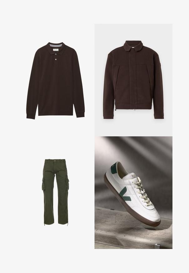 Veste marron en matériau doux, dotée d'un col, d'une fermeture éclair à l'avant et de deux poches latérales avec des coutures et un design minimalistes.; Polo à manches longues en coton marron foncé, doté d'un col, d'une patte de boutonnage à trois boutons et d'accents à rayures blanches. Texture lisse.; Pantalons cargo verts en tissu de coton. Dotés de plusieurs poches latérales, d'une fermeture à bouton et de liens ajustables à la cheville. Style décontracté, coupe ample.; Baskets en cuir blanc avec des accents en daim vert, bout rond, lacets et semelle en caoutchouc brun texturé. Logo en relief sur le talon.