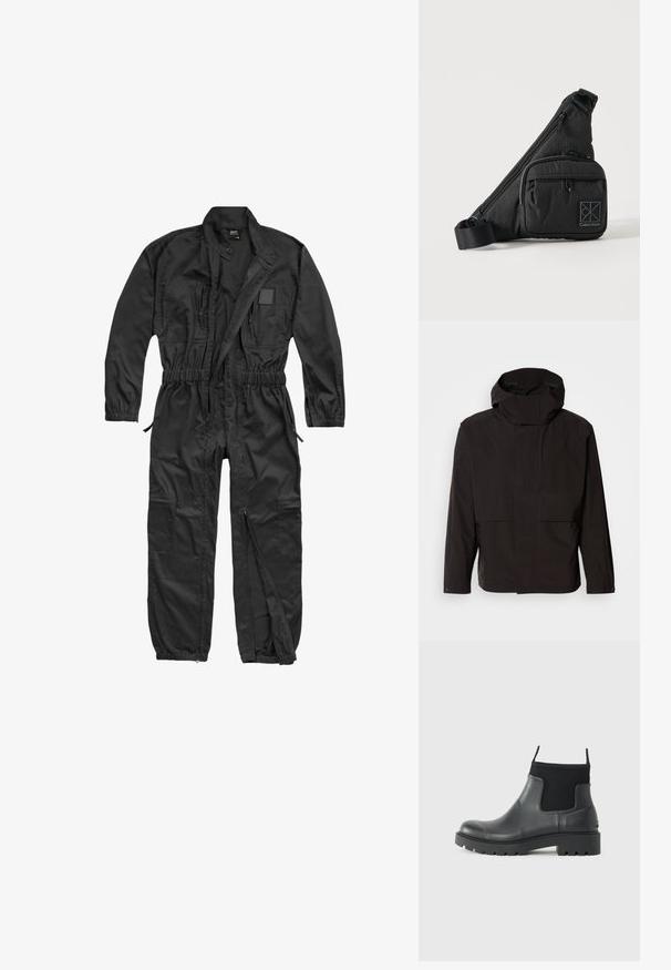 Schwarze Kapuzenjacke mit minimalistischem Design, Reißverschluss und zwei Fronttaschen. Aus glattem, leichtem Stoff gefertigt.; Brandit BRANDIT HERREN EINSATZKOMBI - Jumpsuit - black; Schwarze Knöchelstiefel aus Gummi mit matter Oberfläche, die ein schlankes Design, elastische Einsätze und eine robuste Sohle für bessere Bodenhaftung bieten.; Schwarze Calvin Klein Umhängetasche mit verstellbarem Riemen, vorderer Reißverschlusstasche und dezentem Logo-Muster auf schlichtem Hintergrund.