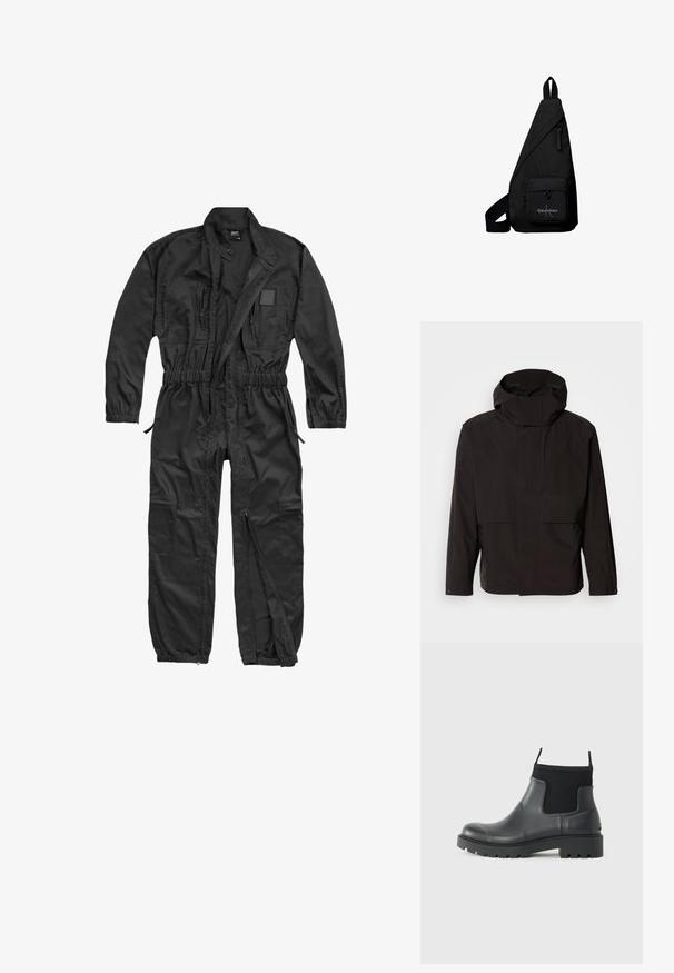 Sort hættejakke med et minimalistisk design, lynlåslukning og to frontlommer. Fremstillet af glat, letvægtsstof.; Brandit BRANDIT HERREN EINSATZKOMBI - Buksedragter - black; Sorte ankelstøvler lavet af gummi med en mat finish, der har et strømlinet design, elastiske paneler og en kraftig sål for godt greb.; Sort trekantet crossbodytaske med frontlomme med lynlås med Calvin Klein-logo og justerbar rem.