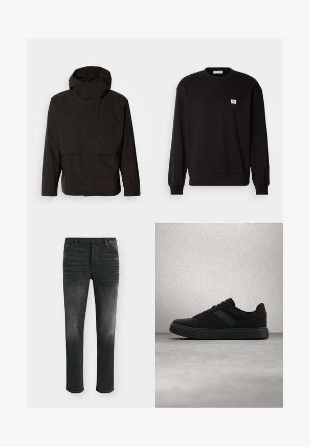 Sort hættejakke med et minimalistisk design, lynlåslukning og to frontlommer. Fremstillet af glat, letvægtsstof.; Sort bomuldscrewneck sweatshirt med lange ærmer, der har et lille, rektangulært logo-patch på brystet og ribbede mansjetter.; Sorte skinny-fit jeans med falmede detaljer, fem-lomme-stil og knaplukning i taljen.; Sort afslappet sneakers med snørebånd, teksturerede sidepaneler og en lav platformsål, der svæver over en reflekterende gulv.