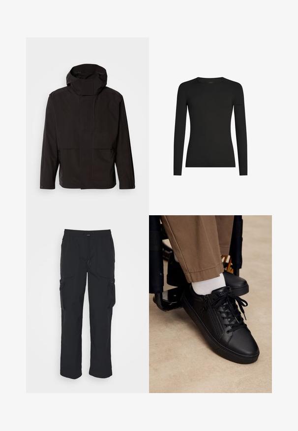 Schwarze Kapuzenjacke mit minimalistischem Design, Reißverschluss und zwei Fronttaschen. Aus glattem, leichtem Stoff gefertigt.; Schwarzes, langärmeliges, figurbetontes T-Shirt mit Rundhalsausschnitt und dezentem Icebreaker-Logo auf dem linken Ärmel, dargestellt vor weißem Hintergrund.; Schwarze Cargo-Hosen aus gewebtem Stoff. Mit verstellbarem Bund, Seitentaschen und zwei Utility-Taschen mit Reißverschlüssen.; Schwarzer Ledersneaker mit Schnürsenkeln und seitlichem Reißverschluss, getragen mit weißen Socken und brauner Hose, Fuß ruht auf der Fußstütze eines Rollstuhls.