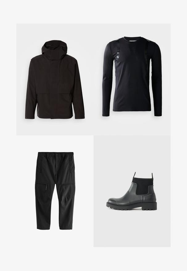 Schwarze Kapuzenjacke mit minimalistischem Design, Reißverschluss und zwei Fronttaschen. Aus glattem, leichtem Stoff gefertigt.; Schwarzes, langärmliges Sportshirt aus glattem, dehnbarem Stoff. Verfügt über glänzende schwarze Akzente an den Schultern und ein Adidas-Logo auf der Brust.; Schwarze leichte Hose mit elastischem Bund, zwei seitlichen Reißverschlusstaschen und zwei Reißverschluss-Cargotaschen. Glatte Textur und gerade Schnittführung.; Schwarze Knöchelstiefel aus Gummi mit matter Oberfläche, die ein schlankes Design, elastische Einsätze und eine robuste Sohle für bessere Bodenhaftung bieten.