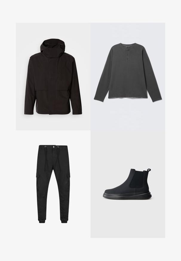 Sort hættejakke med et minimalistisk design, lynlåslukning og to frontlommer. Fremstillet af glat, letvægtsstof.; Mørkegrå langærmet henley-shirt med rund halsudskæring og tre knapper på frontpladen.; Sorte smalle cargobukser med elastiske manchetter, for-lynlås og knaplukning, snøre i taljen og klaplommer på hvert lår.; Sorte Chelsea støvler med elastiske sidepaneler, glat mat finish og en tyk sål. Har en træksløjfe for nem påtagning. Minimalistisk design.