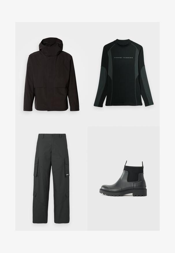 Schwarze Kapuzenjacke mit minimalistischem Design, Reißverschluss und zwei Fronttaschen. Aus glattem, leichtem Stoff gefertigt.; Schwarzes langärmliges Shirt mit hohem Kragen, aus strukturiertem Stoff. Hat graue Seitenpanels und das "NIKE TECH"-Logo auf der Brust.; Schwarze gerade Cargo-Hosen mit seitlichen Klappentaschen, Druckknopfverschluss, Gürtelschlaufen und kleinem weißen Logo auf der Klappentasche rechts.; Schwarze Knöchelstiefel aus Gummi mit matter Oberfläche, die ein schlankes Design, elastische Einsätze und eine robuste Sohle für bessere Bodenhaftung bieten.