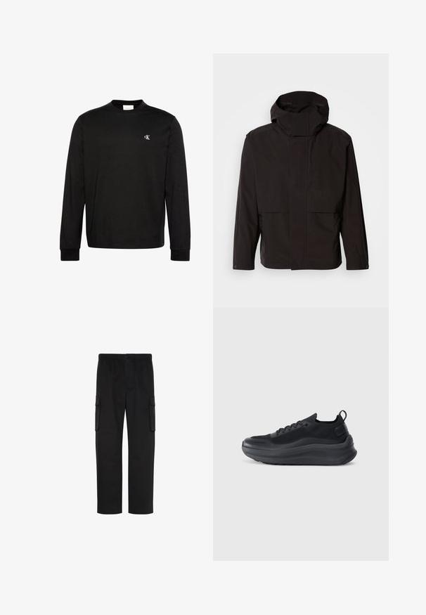 Chaqueta negra con capucha que presenta un diseño minimalista, cierre de cremallera y dos bolsillos frontales. Está hecha de una tela suave y ligera.; Camiseta negra de manga larga con cuello redondo, con pequeño logo blanco "cK" en el pecho izquierdo y puños acanalados.; Pantalones cargo negros de pierna recta con cintura elástica, cierre de botón y dos bolsillos con solapa en los lados.; Zapatilla deportiva negra con parte superior de malla, acentos texturizados y una suela de goma gruesa. Cuenta con una lengüeta en el talón y un diseño con cordones.