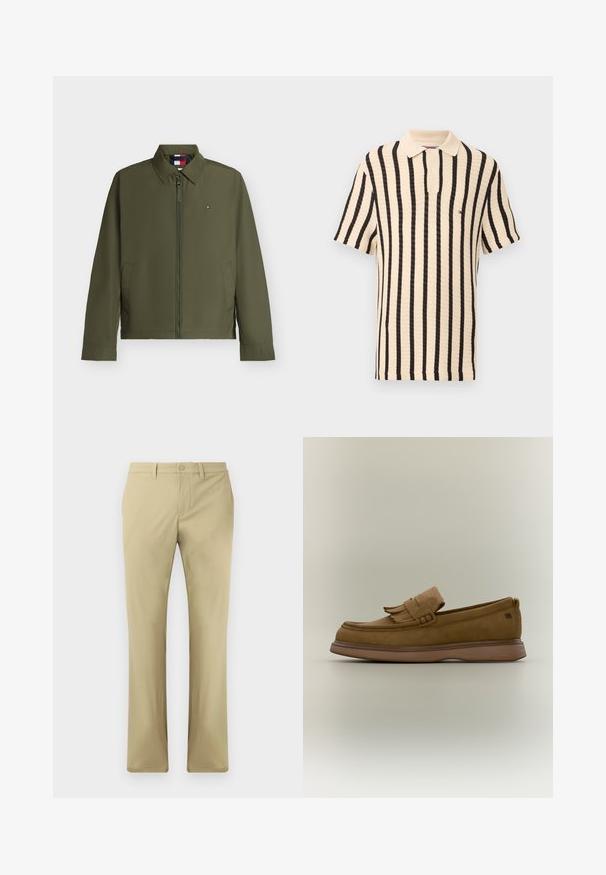 Veste zippée vert olive avec col, deux poches avant et petit logo rectangulaire sur la poitrine gauche.; Polo en maille beige avec rayures verticales noires, manches courtes, patte à deux boutons et petit logo sur la poitrine gauche.; Pantalons beiges avec une coupe à l'avant plate, fermeture à bouton et jambe droite. Fabriqués en tissu lisse avec des coutures minimales visibles.; Mocassin en cuir marron avec un détail à franges sur le dessus et une semelle épaisse en caoutchouc sur un fond clair uni.