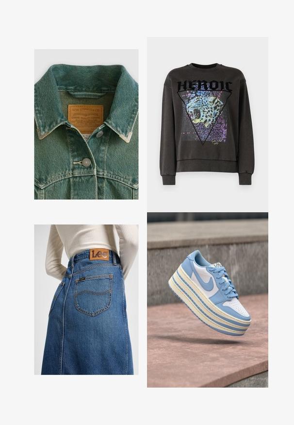 Denim takki vaaleansinisestä teal-väristä, jossa on terävä kaulus, hopeiset nappikiinnitykset ja nahkaleima, joka sisältää brändin tiedot.; Tummanharmaa collegepaita, jossa on pyöreä kaula-aukko. Paidassa on leopardikuvio kolmiomaisessa muodossa, jota korostavat violetit ja siniset yksityiskohdat.; Farkkuhame korkealla vyötäröllä, sininen väri ja takana vaalea nahkaleima. Ominaisuuksiin kuuluu erottuva ompelu ja kaksi takataskua.; Sinivalkoiset platvormitennarit, joissa on sileä nahkapäällinen, rei'itetty kärki ja kerroksellinen pohja, jossa on sinisiä korostuksia ja teksturoituja raitoja.