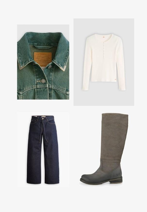 Denimjakke i falmet teal med spidse kraver, sølvfarvede hardware-knapper og et lædermærke med brandoplysninger.; Langærmet, ribbet top i off-white med rund halsudskæring. Har knaplukning og logotag nederst til venstre. Blød tekstur.; Bredde ben mørkeblå denim jeans med høj talje, der har snoretræk, fem lommer og kontrastsyet detaljer.; Knæhøj grå ruskindsstøvle med en rund tå, forstærket ankel og en lav stablet hæl. Har kontrasterende glatte læderdetaljer.