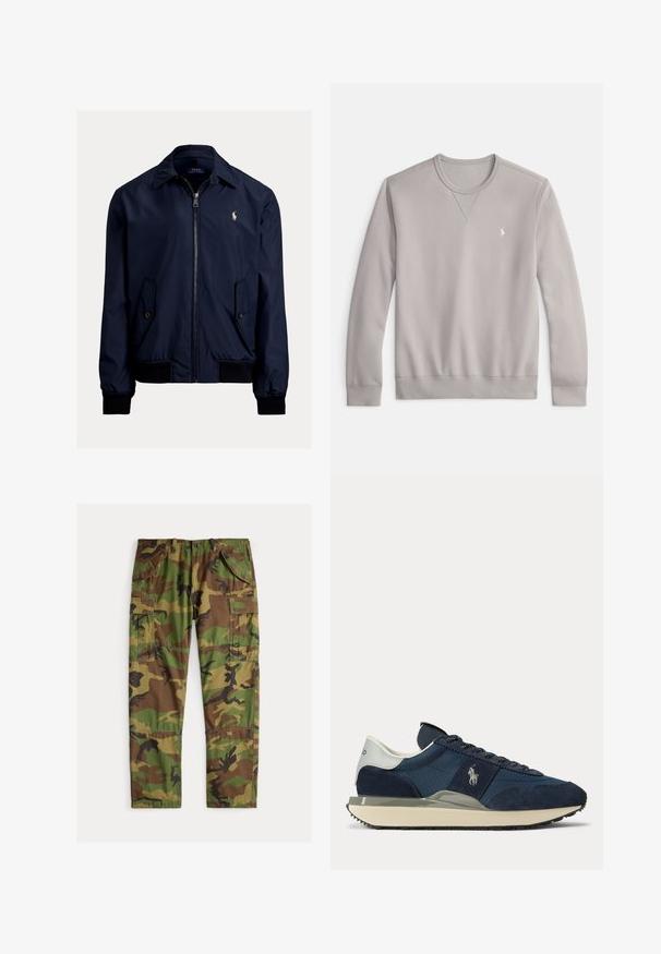 Ναυτικό μπλε bomber jacket από μαλακό ύφασμα, με φερμουάρ μπροστά, δύο πλάγιες τσέπες και ένα μικρό λογότυπο στο αριστερό στήθος.; Γκρι φούτερ από μαλακό μείγμα βαμβακιού, με στρογγυλή λαιμόκοψη, ριμπ μανσέτες και μικρό κεντημένο λογότυπο στο στήθος.; Cargo παντελόνια σε καμουφλάζ με πράσινους, καφέ και μαύρους τόνους. Διαθέτουν πολλαπλές πλαϊνές τσέπες και άνετη εφαρμογή. Υλικό από βαμβάκι.; Σκούρο μπλε (ναυτικό) και λευκό αθλητικό παπούτσι με πάνελ σουέτ και υφάσματος, λευκό λογότυπο στο πλάι, λευκή γλώσσα στη φτέρνα και μπεζ σόλα με μαύρο πέλμα.