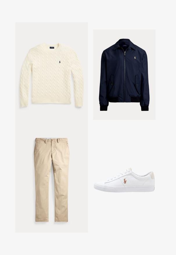 Marineblauwe bomberjack van een gladde stof, met een ritssluiting aan de voorkant, twee zijzakken en een klein logo op de linkerkant van de borst.; Crèmekleurige kabelgebreide trui met lange mouwen en geborduurd Polo Ralph Lauren-logo op de linkerborst.; Beige chino’s met een platte voorkant, riemlussen, zijzakken en een knoopsluiting bij de taille tegen een witte achtergrond.; Witte canvas sneakers met een laag ontwerp, featuring een beige hieltab en een klein geborduurd logo aan de zijkant. Rubber zool.