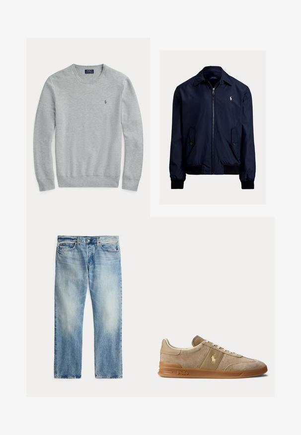 Marineblaue Bomberjacke aus glattem Stoff, mit einem Reißverschluss vorne, zwei Seitentaschen und einem kleinen Logo auf der linken Brust.; Hellgrauer, langärmeliger Strickpullover mit Rundhalsausschnitt, gerippten Bündchen und Saum sowie kleinem gestickten Polo Ralph Lauren-Logo auf der Brust.; Hellblaue gerade geschnittene Jeans aus Denim mit Vordertaschen und Knopfleiste, flach auf weißem Hintergrund liegend.; Beiger Wildleder- und Leder-Low-Top-Sneaker mit Gummisohle, weißen Schnürsenkeln und Polo-Logo an der Seite und an der Sohle.