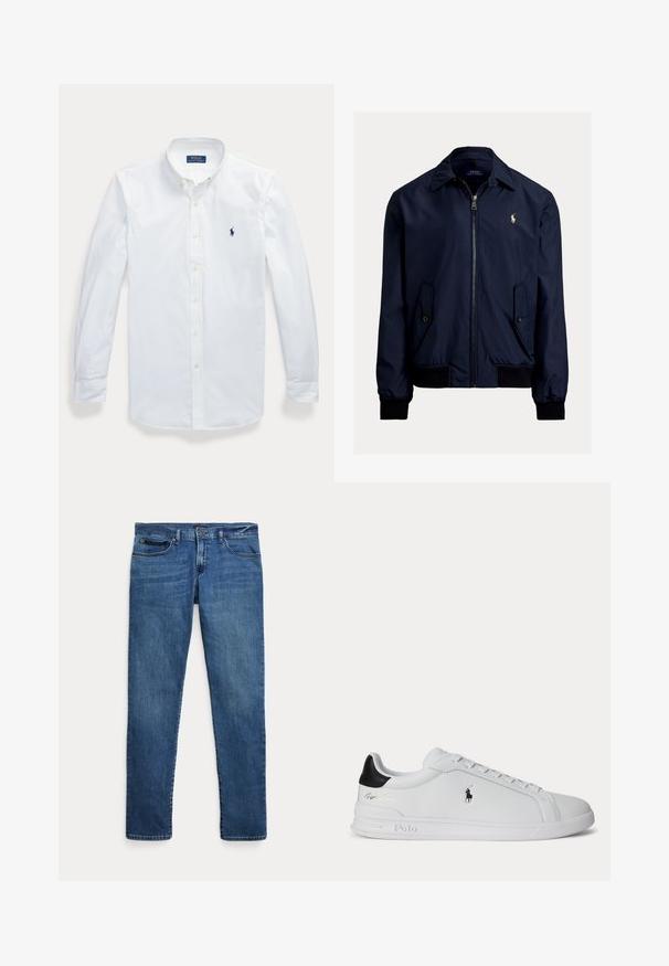 Tumedast sinine bomber-jakk, mis on valmistatud siledast kangast, ees lukuga, kahes küljetaskus ja vasakul rinnal väikese logoga.; Valge pikkade varrukatega nööpidega särk koos kraega, Polo Ralph Lauren logo tikandiga vasakul rinnal.; Sinised teksapüksid kitsas lõikes, esitaskutega, vööaugudega ja nööpidega sulgemiseks, valgel taustal.; Valge madala säärega toss musta kandumärgiga, paelte ja Polo Ralph Laureni logoga küljel, reljeefsete talladetailidega.