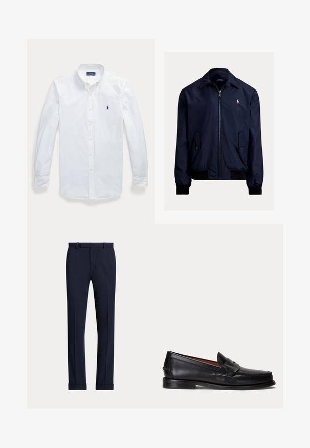 Marineblauwe bomberjack van een gladde stof, met een ritssluiting aan de voorkant, twee zijzakken en een klein logo op de linkerkant van de borst.; Wit overhemd met lange mouwen en knopen, met kraag, Polo Ralph Lauren-logo geborduurd op de linkerborst.; Marineblauwe nette broek met een gladde textuur, flat front, met kreukels, riemlussen en omslagen aan de zoom. Gemaakt van een lichtgewicht stof.; Zwarte leren loafer met lage hak en penny-strap detail, van opzij getoond op een lichtgrijze achtergrond.