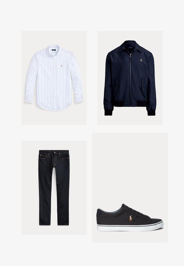 Marineblå bomberjakke lavet af glat stof, med lynlås foran, to sidelommer og et lille logo på venstre bryst.; Langærmet skjorte med knapper, lyseblå lodrette striber og et lille broderet logo på venstre bryst.; Mørkeblå slim-fit jeans med fem lommer, knaplukning og kontrastsyning lagt fladt på en lys baggrund.; Sort lav sneakersko med hvid sål og broderet polo spiller logo på siden, med snørebånd og tekstureret stofoverdel.