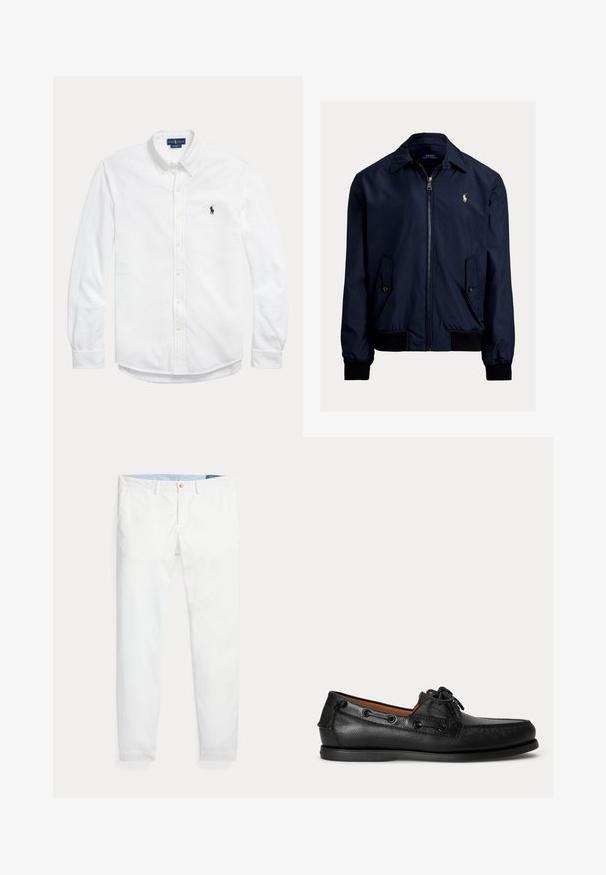 Marineblaue Bomberjacke aus glattem Stoff, mit einem Reißverschluss vorne, zwei Seitentaschen und einem kleinen Logo auf der linken Brust.; Weißes langärmliges Hemd mit Knopfleiste, Button-down-Kragen und kleinem dunklem Polo Ralph Lauren Logo auf der linken Brust.; Weiße Baumwoll-Chinos mit schmaler Passform, ausgestattet mit einem einzigen goldfarbenen Knopfverschluss und einem hellblauen inneren Bund. Glatte Textur ohne Muster.; Schwarzer Ledermokassin mit Schnürdetail und flacher Gummisohle, seitlich auf hellem Hintergrund gezeigt.