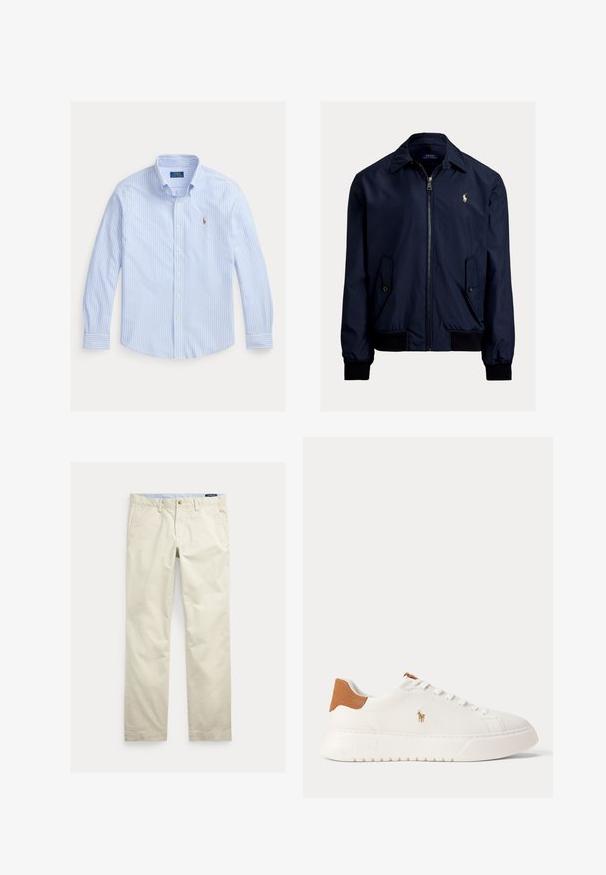 Ναυτικό μπλε bomber jacket από μαλακό ύφασμα, με φερμουάρ μπροστά, δύο πλάγιες τσέπες και ένα μικρό λογότυπο στο αριστερό στήθος.; Ανοιχτό μπλε πουκάμισο με μακριά μανίκια, λευκές κάθετες ρίγες και μικρό κεντητό λογότυπο Polo Ralph Lauren στο στήθος.; Μπεζ βαμβακερό παντελόνι με ίσια γραμμή, θηλιές για ζώνη, εμπρόσθιο κουμπί, φερμουάρ και πλαϊνές τσέπες.; Λευκό sneaker χαμηλού προφίλ με ταμπά ταμπάκι στη φτέρνα, λευκά κορδόνια και μικρό κεντητό λογότυπο παίκτη πόλο στη πλευρά πάνω από χονδρό πάτο.