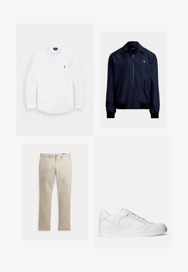 Marineblauwe bomberjack van een gladde stof, met een ritssluiting aan de voorkant, twee zijzakken en een klein logo op de linkerkant van de borst.; Witte lange mouwen shirt met een bandkraag, knoopsluiting aan de voorkant en een blauw logo aan de linkerkant. Gemaakt van soepel katoen.; Beige katoenen broek met rechte pijpen, voorzakken, riemlussen, knoopsluiting en ritssluiting, plat liggend op een witte achtergrond.; Witte leren sneaker met een gladde textuur, voorzien van een geperforeerde neus, vetersluiting en geborduurde logo aan de zijkant. Witte rubberen zool.