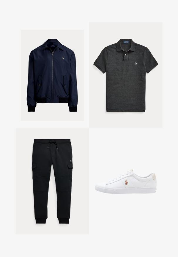 Marineblauwe bomberjack van een gladde stof, met een ritssluiting aan de voorkant, twee zijzakken en een klein logo op de linkerkant van de borst.; Donkergrijze polo met korte mouwen, twee knopen aan het boordje en een wit geborduurd paardenlogo op de linkerborst.; Zwarte cargo joggerbroek met trekkoord in de taille, zijzakken met klep, geribde boorden en een klein wit polo speler logo op het rechterdijbeen.; Witte canvas sneakers met een laag ontwerp, featuring een beige hieltab en een klein geborduurd logo aan de zijkant. Rubber zool.