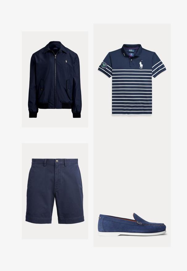 Marineblauwe bomberjack van een gladde stof, met een ritssluiting aan de voorkant, twee zijzakken en een klein logo op de linkerkant van de borst.; Marineblauw poloshirt met witte horizontale strepen, Ralph Lauren-logo, Wimbledon-patch op de mouw en "2024" gedrukt op de kraag.; Donkerblauwe herenshorts met knoopsluiting, riemlussen en rechte zoom tegen een effen lichte achtergrond.; Blauwe suède loafer met witte zool en beige stiksels langs de bovenrand, afgebeeld tegen een effen witte achtergrond.