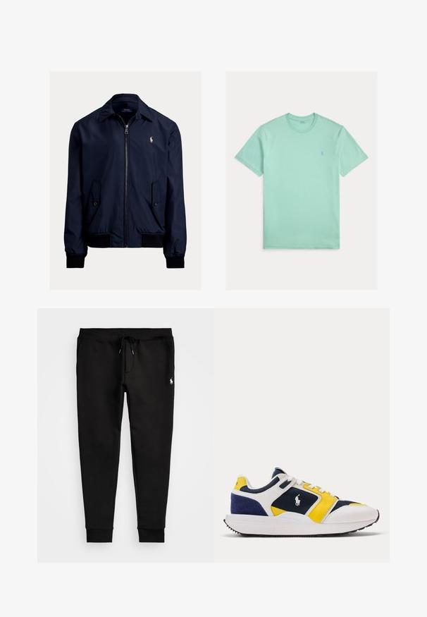 Marineblauwe bomberjack van een gladde stof, met een ritssluiting aan de voorkant, twee zijzakken en een klein logo op de linkerkant van de borst.; Lichtgroen katoenen T-shirt met een ronde hals en korte mouwen; heeft een klein blauw geborduurd logo op de linkerborst.; Zwarte sweatpants van zacht materiaal, met een trekkoord in de taille, aangesloten boorden en een klein wit logo op het linkerpoot.; Low-top sneaker met blauwe, witte en gele panelen, witte veters en een wit paardenlogo aan de zijkant, weergegeven op een witte achtergrond.