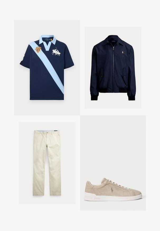 Ναυτικό μπλε bomber jacket από μαλακό ύφασμα, με φερμουάρ μπροστά, δύο πλάγιες τσέπες και ένα μικρό λογότυπο στο αριστερό στήθος.; Μπλε ναυτικό πόλο με ανοιχτό μπλε διαγώνια ρίγα, ανοιχτό μπλε γιακά, λογότυπο λευκού παίκτη πόλο και κεντημένο έμβλημα με αριθμό στο στήθος.; Μπεζ βαμβακερό παντελόνι με ίσια γραμμή, θηλιές για ζώνη, εμπρόσθιο κουμπί, φερμουάρ και πλαϊνές τσέπες.; Μπεζ σουέτ αθλητικά παπούτσια με λευκά κορδόνια και σόλα, κεντητό λογότυπο Polo στο πλάι και με το "Polo" εντυπωμένο στη σόλα.