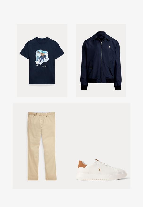 Ναυτικό μπλε bomber jacket από μαλακό ύφασμα, με φερμουάρ μπροστά, δύο πλάγιες τσέπες και ένα μικρό λογότυπο στο αριστερό στήθος.; Βαμβακερό μπλουζάκι σε ναυτικό μπλε με γραφικό που απεικονίζει μια αρκούδα να κάνει σκι, φορώντας γυαλιά προστασίας, με ένα ελικόπτερο από πάνω και χιονισμένα βουνά στο φόντο.; Μπεζ παντελόνι με ίσια γραμμή, θηλιές για ζώνη και φερμουάρ μπροστά, τοποθετημένο επίπεδα σε λευκό φόντο.; Λευκό sneaker χαμηλού προφίλ με ταμπά ταμπάκι στη φτέρνα, λευκά κορδόνια και μικρό κεντητό λογότυπο παίκτη πόλο στη πλευρά πάνω από χονδρό πάτο.