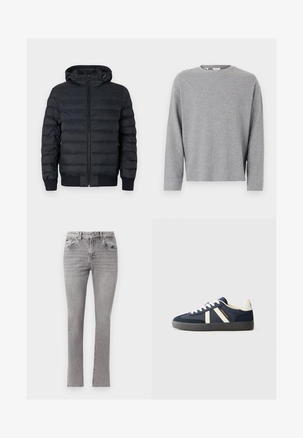Marineblå puffjakke med hætte, som har vandrette syninger, lynlås foran, elastiske manchetter og ribbet kant. Blødt, isolerende materiale.; Lysegrå langærmet sweatshirt med rund hals og enkel, ensfarvet strikket tekstur, vist mod en hvid baggrund.; Grå slim-fit denimjeans med forlommer, bæltestropper og knaplukning på hvid baggrund.; Marineblå sneakers med hvide snørebånd, to hvide striber på siden, sort sål og "JACK & JONES" branding i guld og sort.
