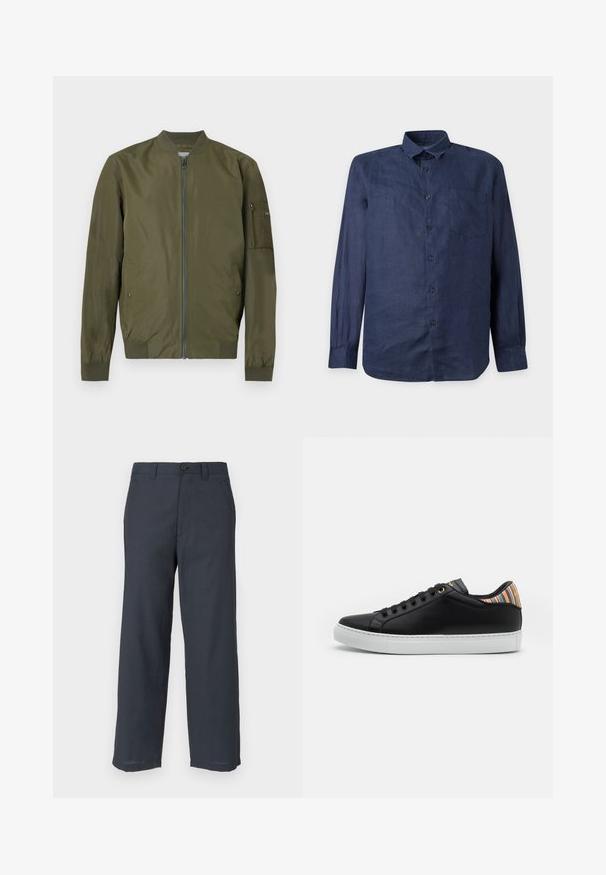 Veste bomber vert olive avec fermeture éclair sur le devant, col, poignets et ourlet côtelés, et une poche zippée sur la manche gauche.; Chemise bleu foncé à manches longues boutonnée, avec une poche poitrine unique et un col classique sur un fond clair uni.; Pantalon bleu marine en tissu lisse, présentant une coupe droite, deux poches avant et une fermeture par un seul bouton.; Basket en cuir noir avec une semelle en caoutchouc blanc, présentant un accent rayé multicolore au niveau du talon et un devant à lacets noir avec œillets dorés.