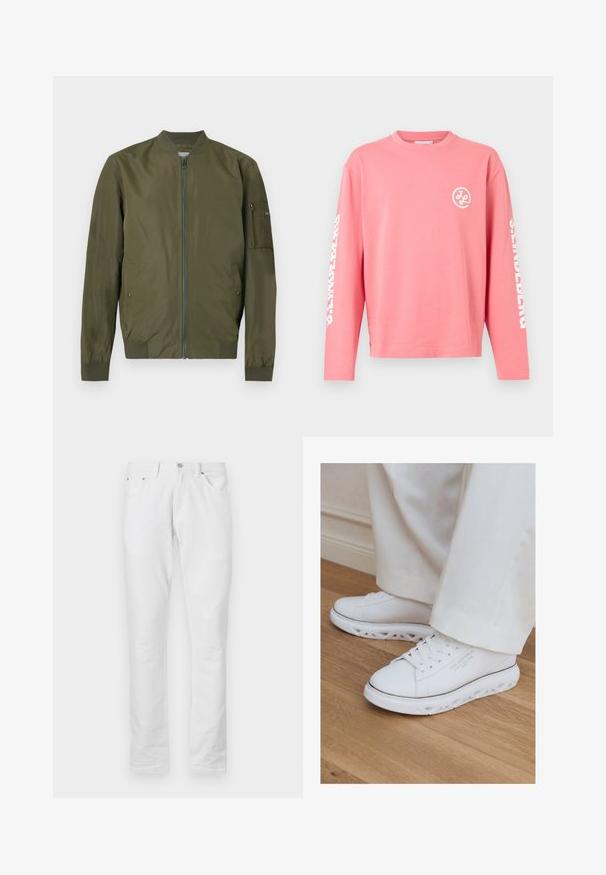Olivengroene bomberjas met voorrits, geribde kraag, manchetten, zoom en een ritszak op de linkermouw.; Roze shirt met lange mouwen en een ronde hals, met witte "SUSTAINABLE" tekst op de mouwen en een klein wit circulair logo op de linkerkant van de borst.; Witte spijkerbroek met een rechte pijp. Voorzien van vijf zakken, een knoopsluiting aan de voorkant en een soepele, gladde textuur.; Witte lage sneakers met unieke uitgesneden zolen gedragen met lichte broeken op een houten vloer.