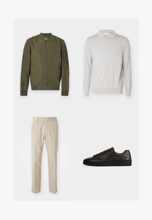 Olivgrüne Bomberjacke mit Frontreißverschluss, geripptem Kragen, Bündchen, Saum und einer Reißverschlusstasche am linken Ärmel.; NN.07 EMERSON - Poloshirt - white pepper; Beige maßgeschneiderte Hosen aus strukturiertem Stoff, mit flacher Vorderseite, geraden Beinen und einem klassischen Bund mit Gürtelschlaufen.; Flach geschnittener dunkelbrauner Ledersneaker mit schwarzer Gummisohle, Schnürung vorne und schlicht-minimalistischem Design auf hellem Hintergrund.