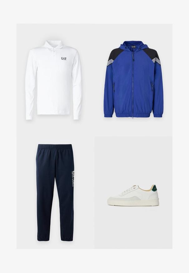 Veste légère bleue avec capuche, dotée d'accents noirs aux épaules et de détails rayés. Fermeture zippée à l'avant et poignets élastiques. Texture lisse.; Polo à manches longues blanc en coton, avec un col classique, trois boutons et un logo EA7 noir sur la poitrine.; Pantalons de survêtement bleu marine avec une taille élastique, des jambes fuselées et un logo blanc sur le côté. Tissu lisse avec une texture légère.; Baskets blanches avec des accents en daim, bout arrondi, lacets plats et semelle en caoutchouc crème. Présente une marque verte sur le talon.