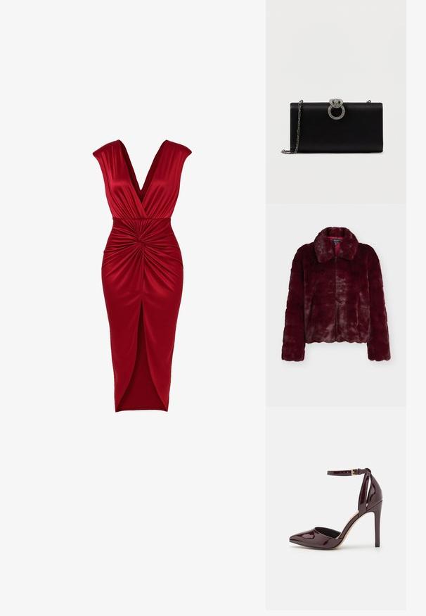 Chaqueta corta de piel sintética burdeos con cremallera frontal, cuello ancho y mangas largas. Textura suave con acabado aterciopelado y liso.; Vestido midi sin mangas de satén rojo con escote en V profundo, detalle de nudo retorcido en la cintura y falda con abertura frontal.; Zapato de charol burdeos de tacón alto con punta afilada, correa en el tobillo y un tacón de 10 cm tipo stiletto. Textura suave y detalles mínimos.; Bolso de mano de satén negro con un cierre circular en tono plateado adornado con strass, cuenta con una correa de cadena desmontable.
