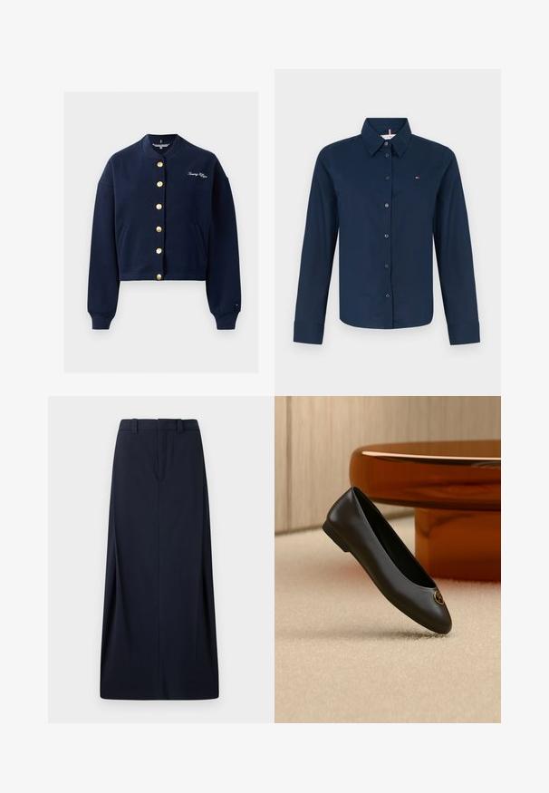 Marineblå cropped sweatshirt lavet af blødt stof, med guldfarvede knapper, en rund udskæring og et broderet logo på venstre bryst.; Marineblå langærmet skjorte med knaplukning lavet af blødt stof. Har en krave, frontknapper og et lille logo på venstre bryst.; Mørkeblå lang nederdel lavet af vævet stof, med lige snit, bæltesløjfer og en skjult lynlås. Rene linjer og minimalistisk design.; Sort læder balletflat med rund tå og gyldent logomærke nær tåen, vist mod en beige tæppe og brun møbelbaggrund.