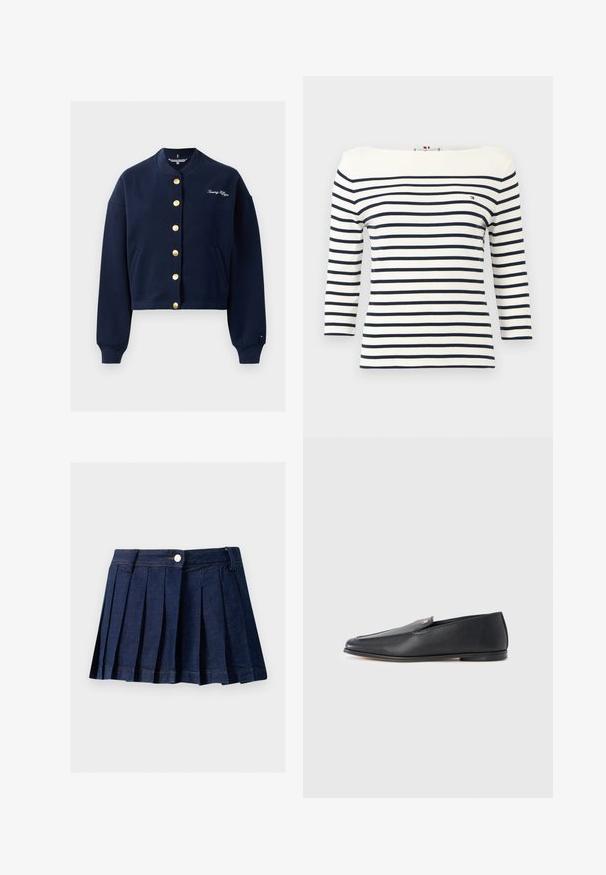 Marineblå cropped sweatshirt lavet af blødt stof, med guldfarvede knapper, en rund udskæring og et broderet logo på venstre bryst.; Hvid langærmet skjorte med vandrette mørkeblå striber og et lille Tommy Hilfiger-logo på venstre bryst.; Mørk denim plisseret nederdel med en tætsiddende talje, knaplukning og kontrastsyning. Har pæne pliser og en lige kant.; Sorte læderloafers med en glat tekstur, rundet tå og subtile syningsdetaljer. Har en guldfarvet logoaccent på oversiden.