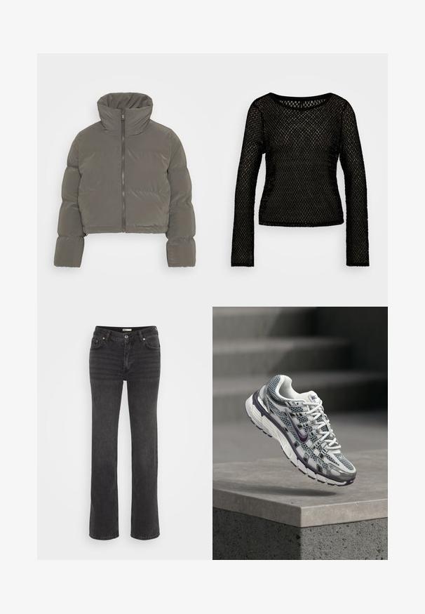 ONLY Petite ONLLIVIA PUFFER JACKET - Zimná bunda - phantom; ONLY ONLPETRA - Svetrík - black; Čierne džínsy z denimu s rovnými nohavicami, vybavené zapínaním na gombíky, piatimi vreckami a jemným vyblednutím. Hladká textúra a klasický dizajn.; Biely a sivý Nike teniska s fialovými akcentmi, vznášajúci sa nad betónovou rímsou s rozmazanými schodmi v pozadí.