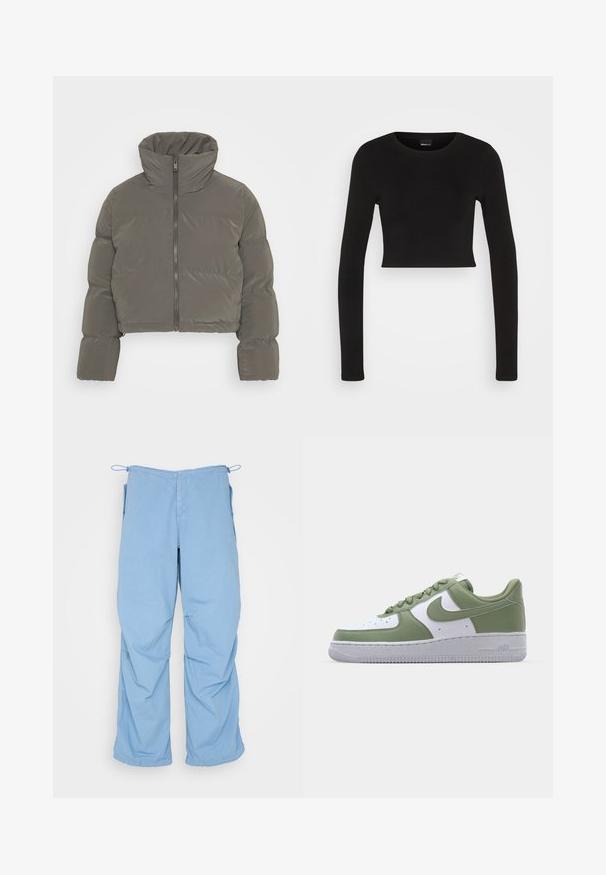 ONLY Petite ONLLIVIA PUFFER JACKET - Zimná bunda - phantom; Gina Tricot LONGSLEEVE - Top s dlhým rukávom - black; Svetlomodré, voľné nohavice z mäkkej tkaniny. Majú šnúrku v páse, dve bočné vrecká a uvoľnený strih s čistým prešívaním.; Nike Air Force 1 tenisky v zeleno-bielej koži. Nízkoprofilový dizajn, okrúhla špička, textúrovaná gumová podrážka a výrazný detail loga Swoosh.